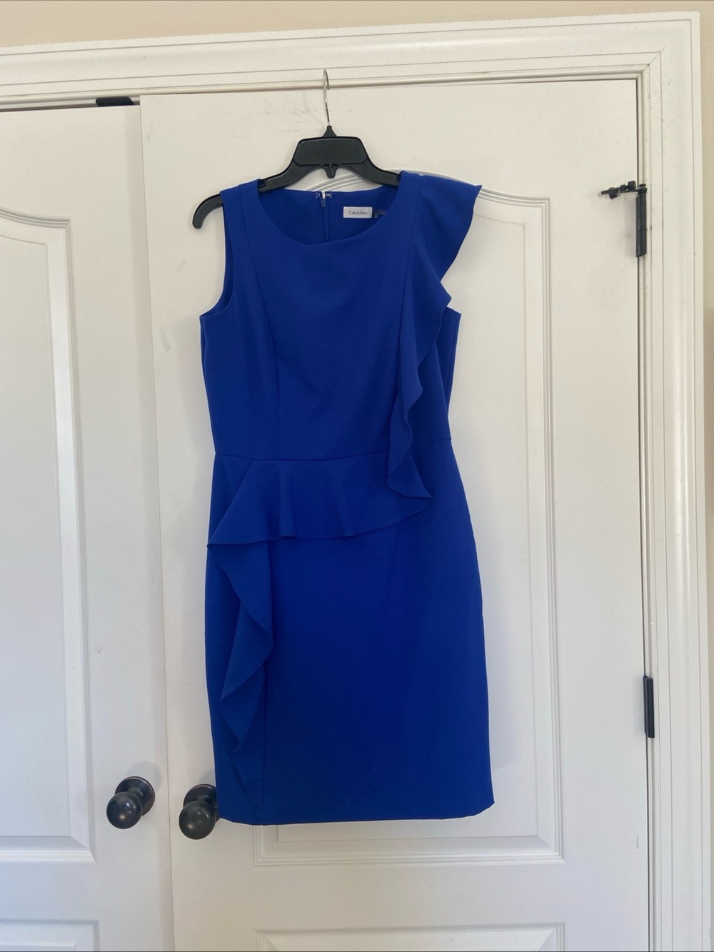 Calvin Klein Cobalt Blue Ruffle Sheath Midi Dress